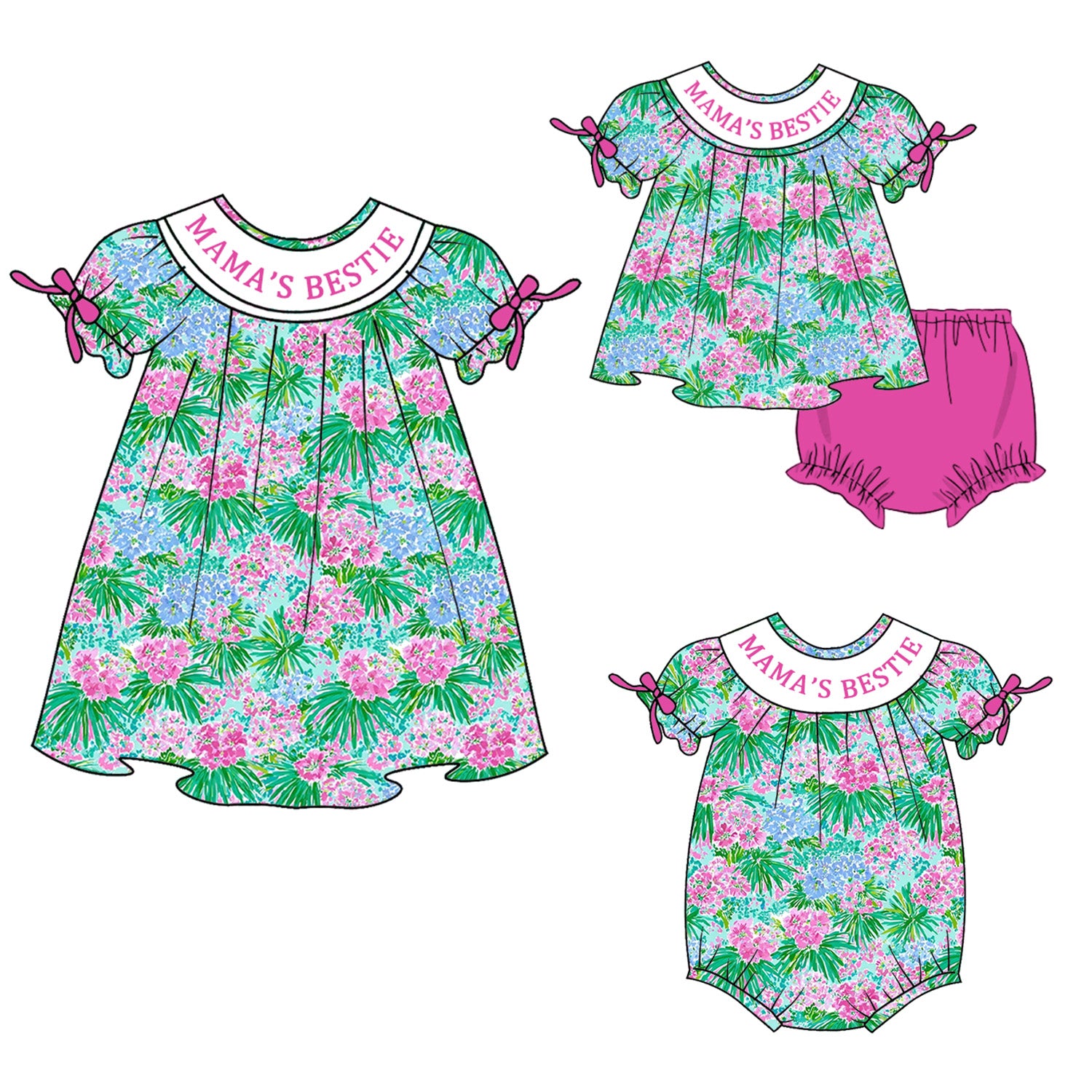 （Pre Order）Sisters Spring&Summer MAMA'S BESTIE Embroidery Smocked Dress&Romper