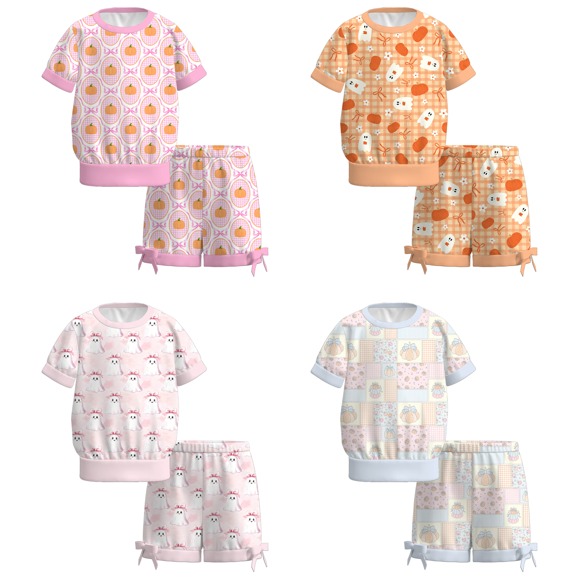 （Pre Order+Prepack Zone）Girls Halloween Pumpkin Print Shorts Set（Mix Size）