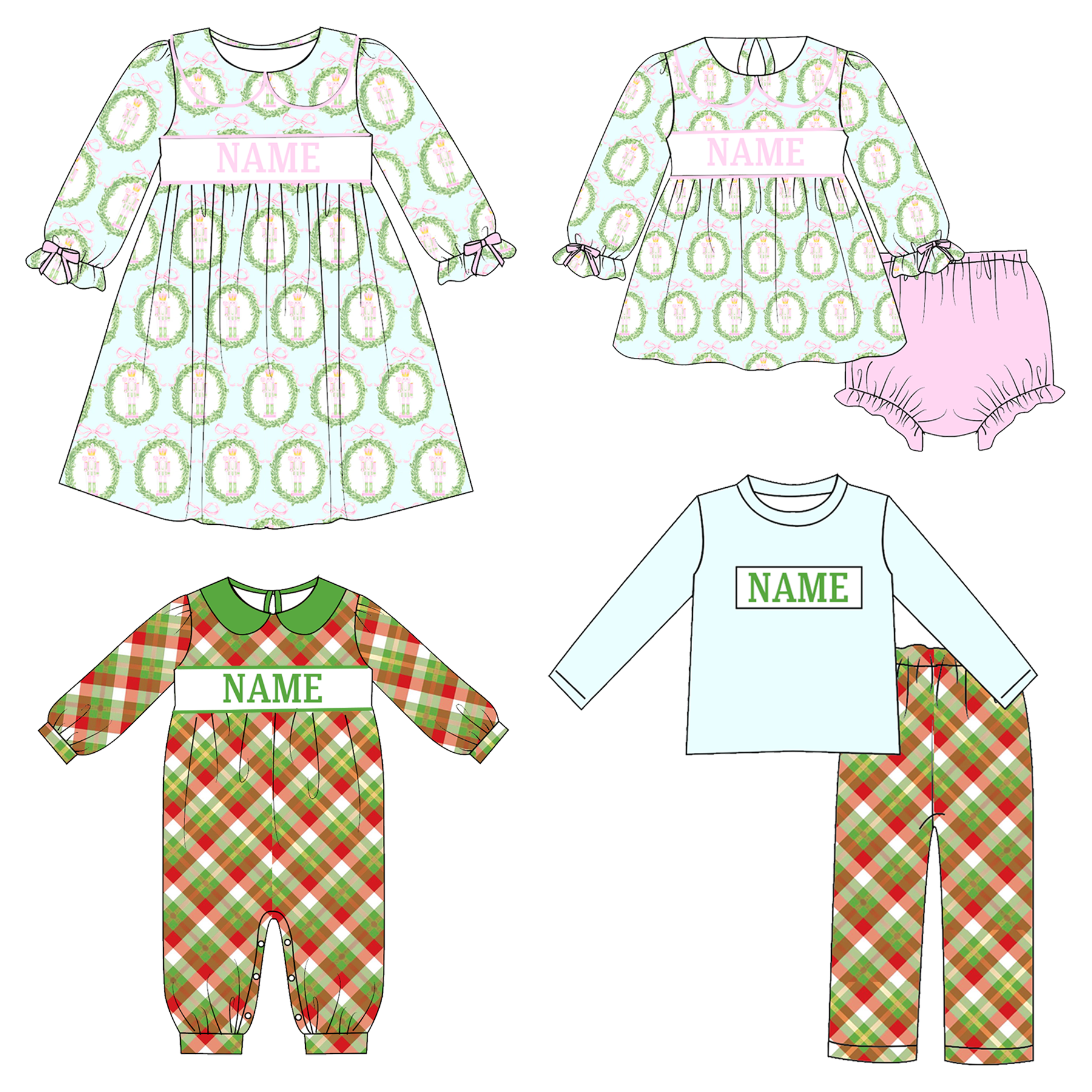 （Pre Order）Family Christmas Nutcracker Embroidery Smocked Dress,Set＆Romper