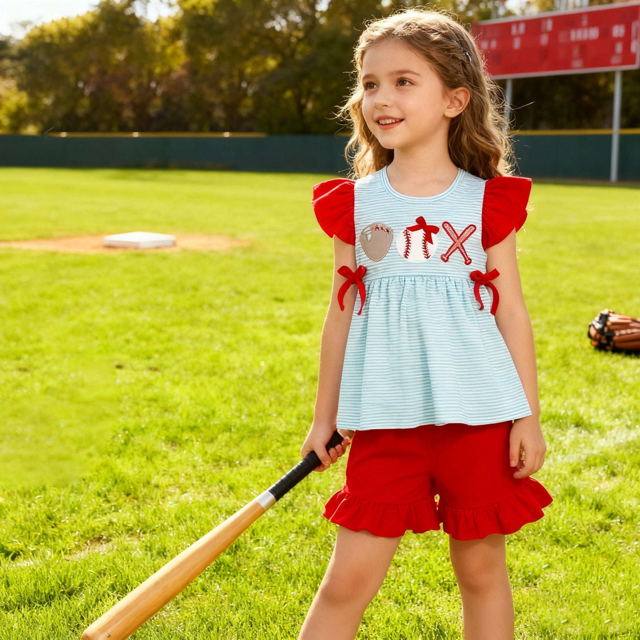 （In Stock）Girls Spring and Summer Baseball Applique Outfit Set