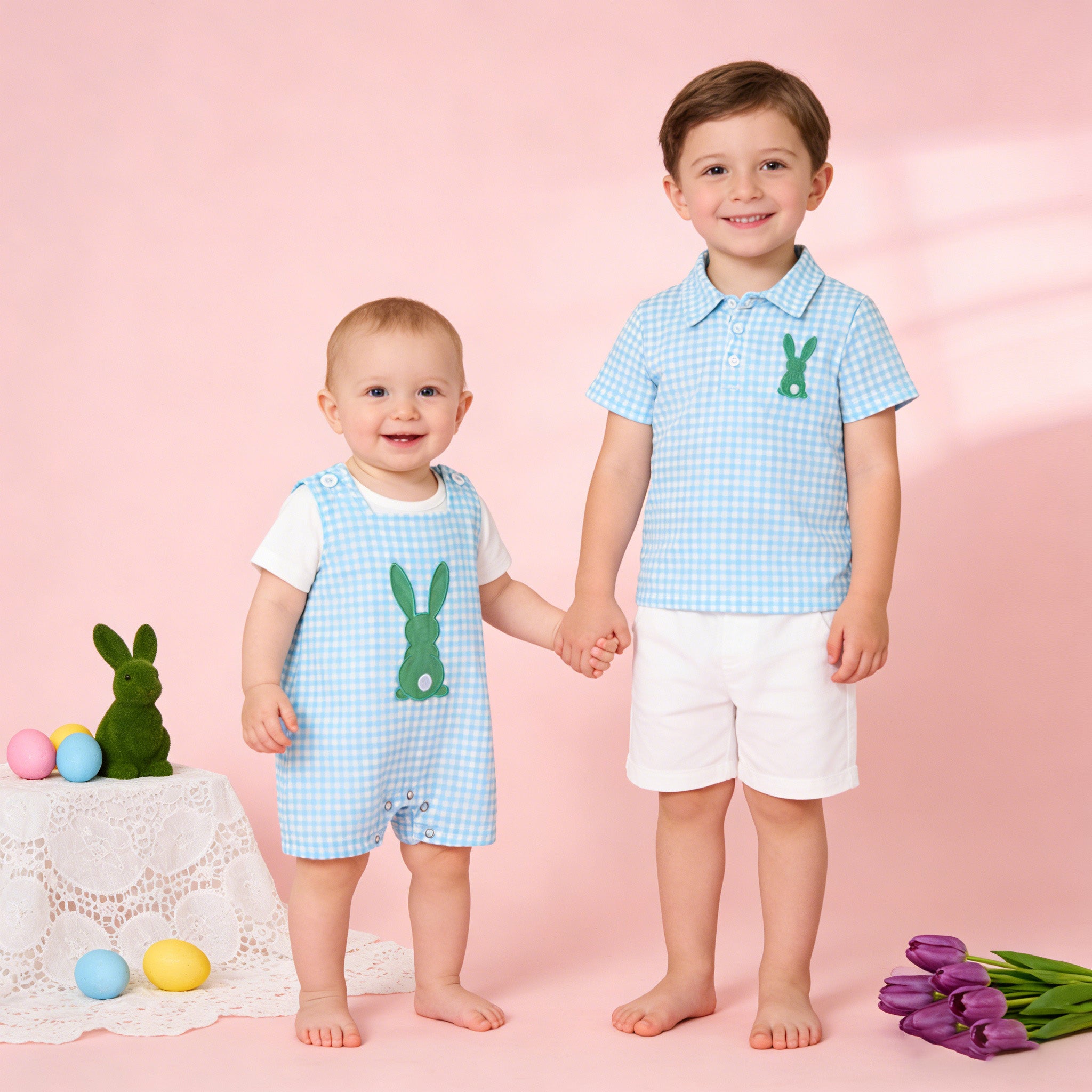 （In Stock）Siblings Easter Bunny Applique Dress,Top&Romper