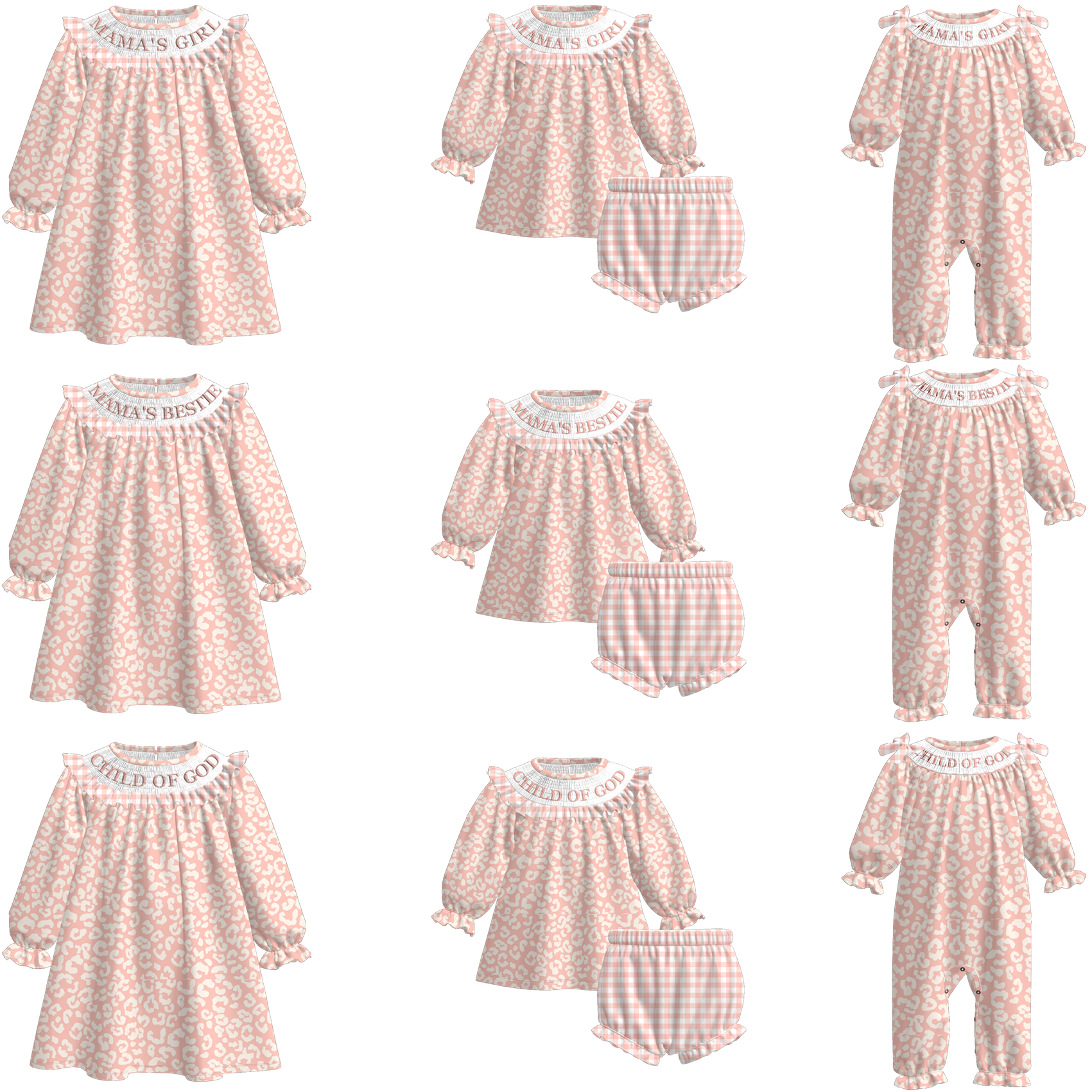 （Pre Order）Sisters Fall Pink Leopard Embroidery Smocked Dress＆Romper