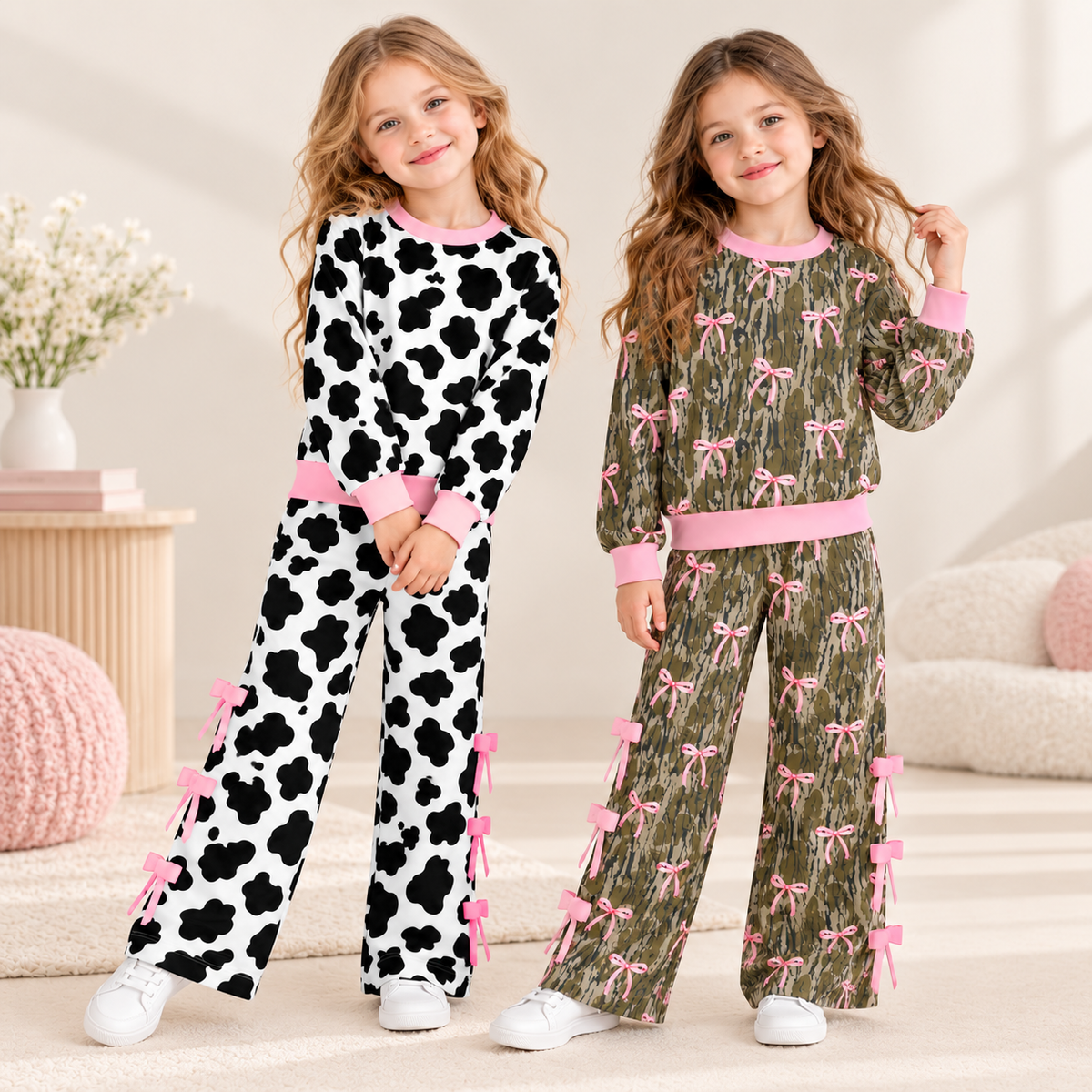 （Weekly Pre-Order）Girls Fall Cow&Bow Print Outfit Set（Ends 10.11）