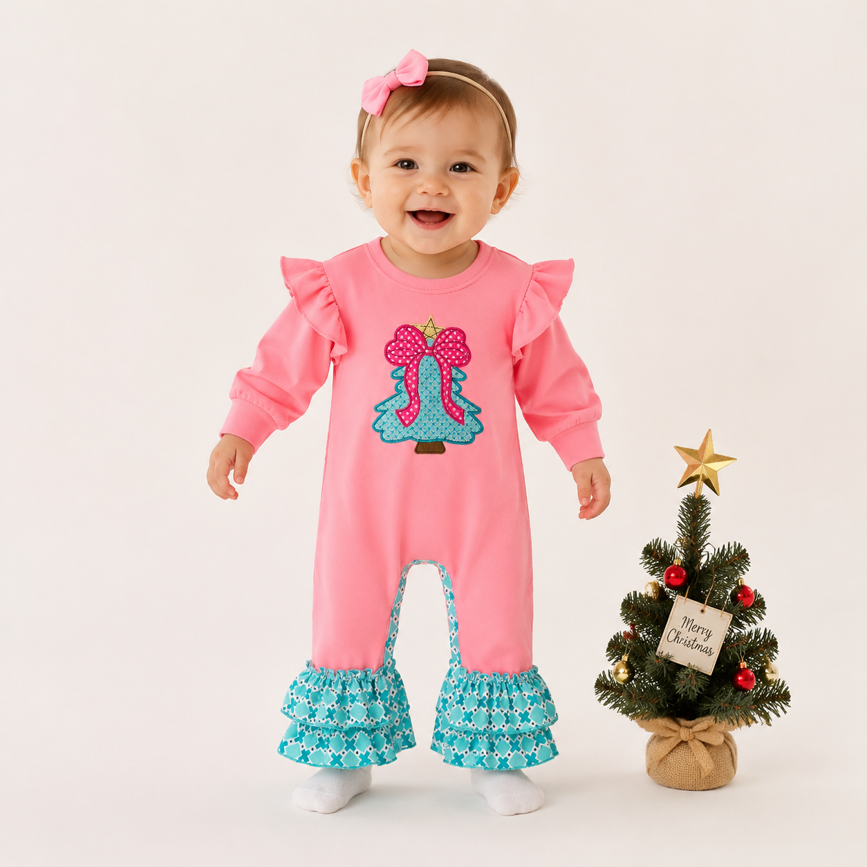 （In Stock）Toddler Girls Christmas Applique Cotton Romper