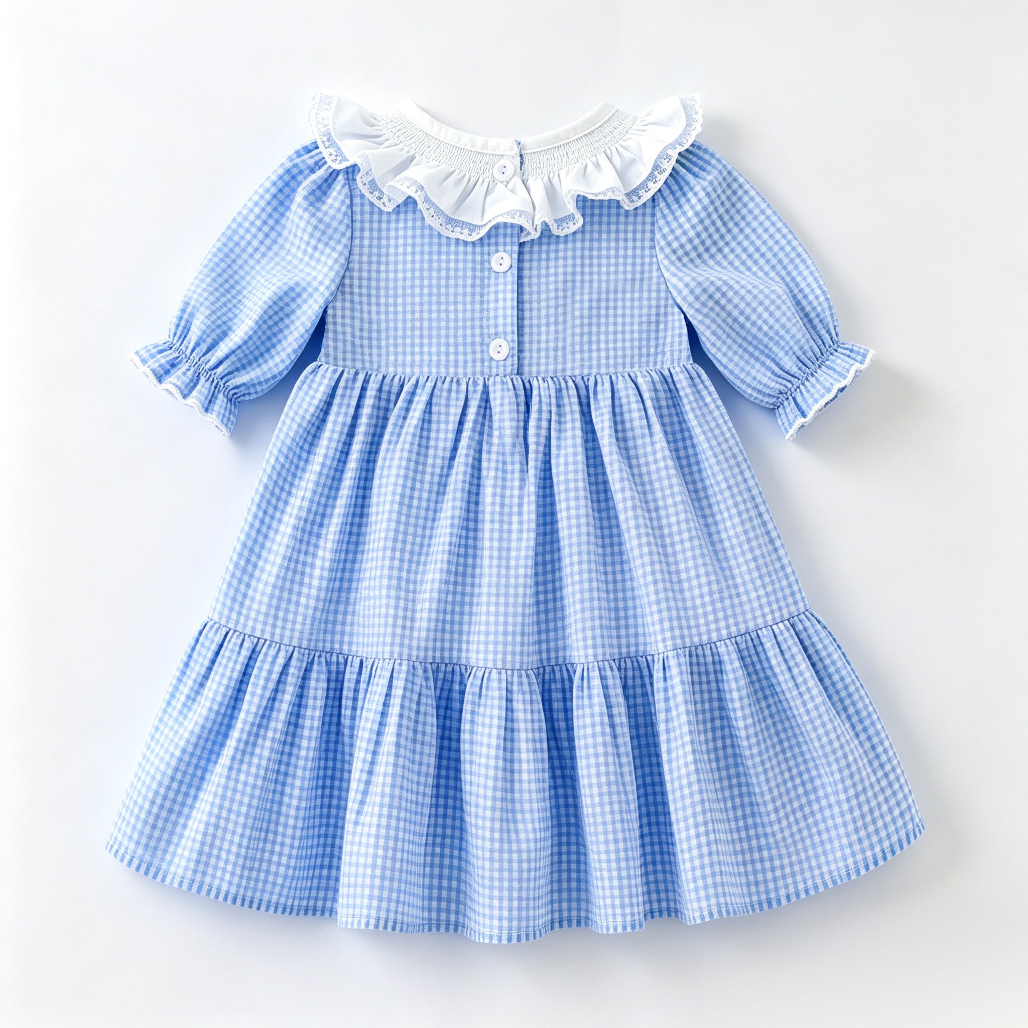 （In Stock）Girls Fall Smocked Blue Plaid Cotton Dress