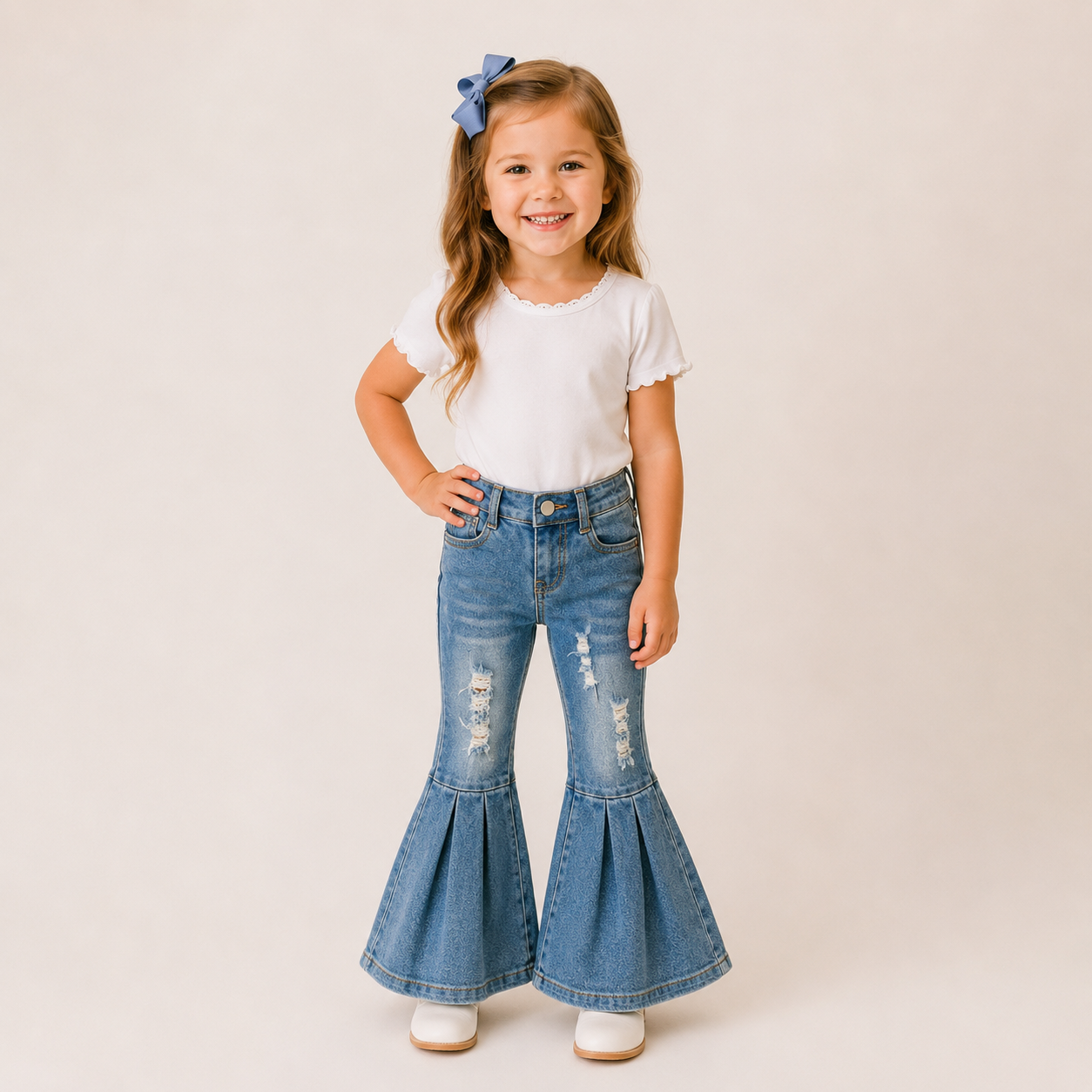 （In Stock）Girls Fall Blue Flared Ripped Jeans