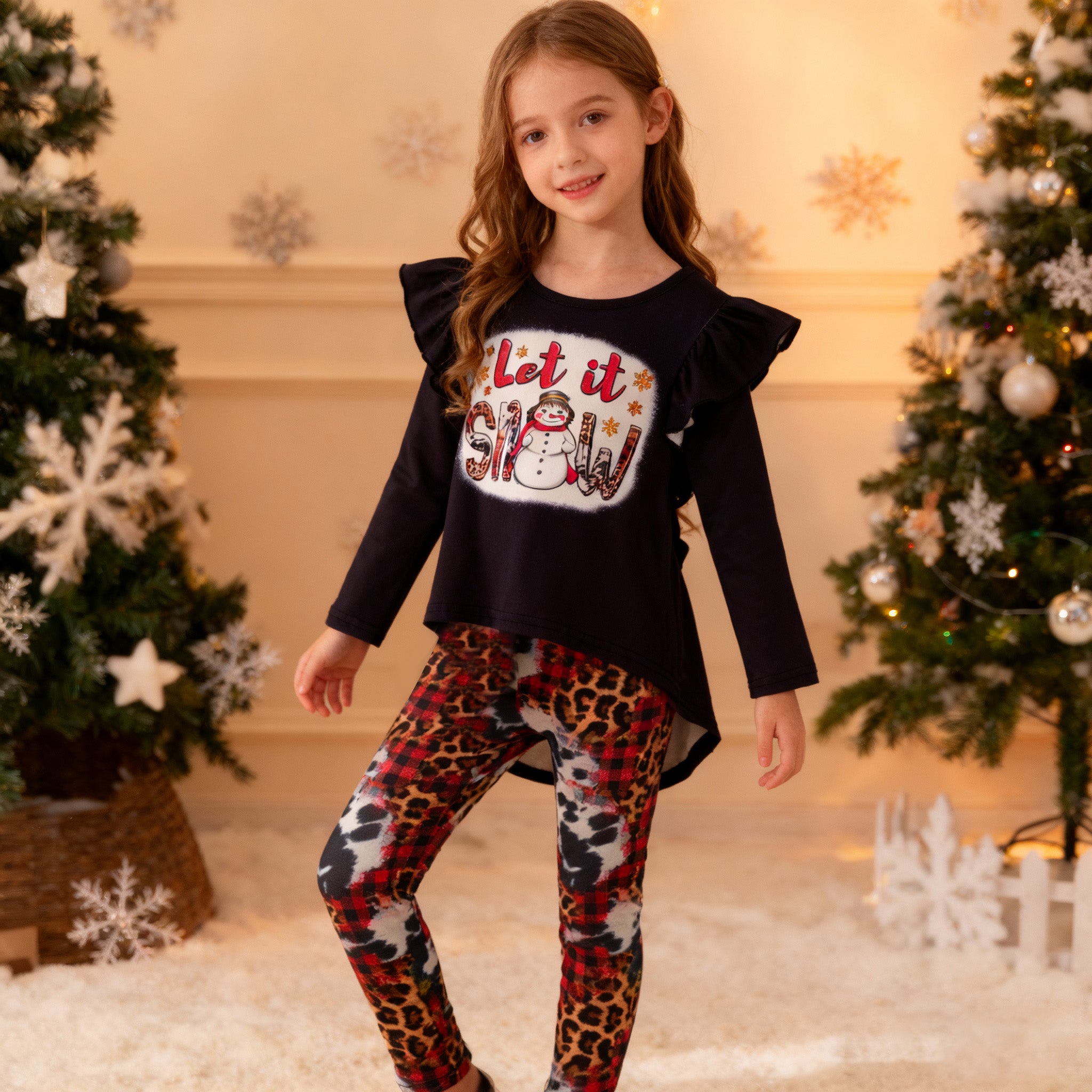 （In Stock）Girls Christmas Snowman Print Outfit Set
