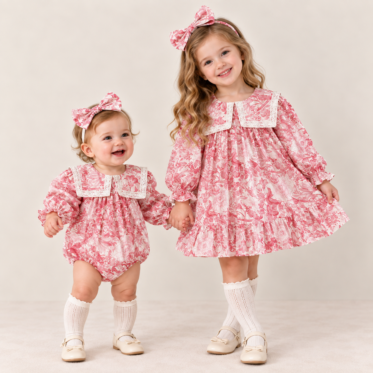 （Pre Order 2 Weeks）Sisters Fall Pink Floral Print Collar Dress&Romper