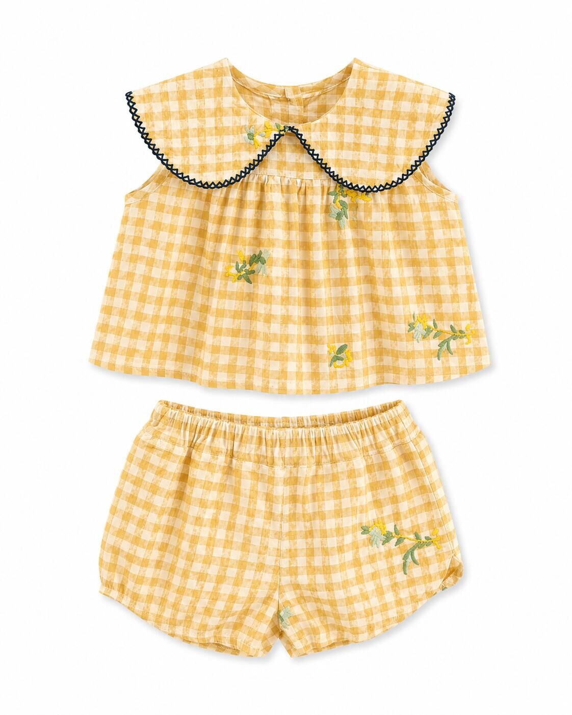 （In Production）Girls Summer Yellow Plaid Shorts Set