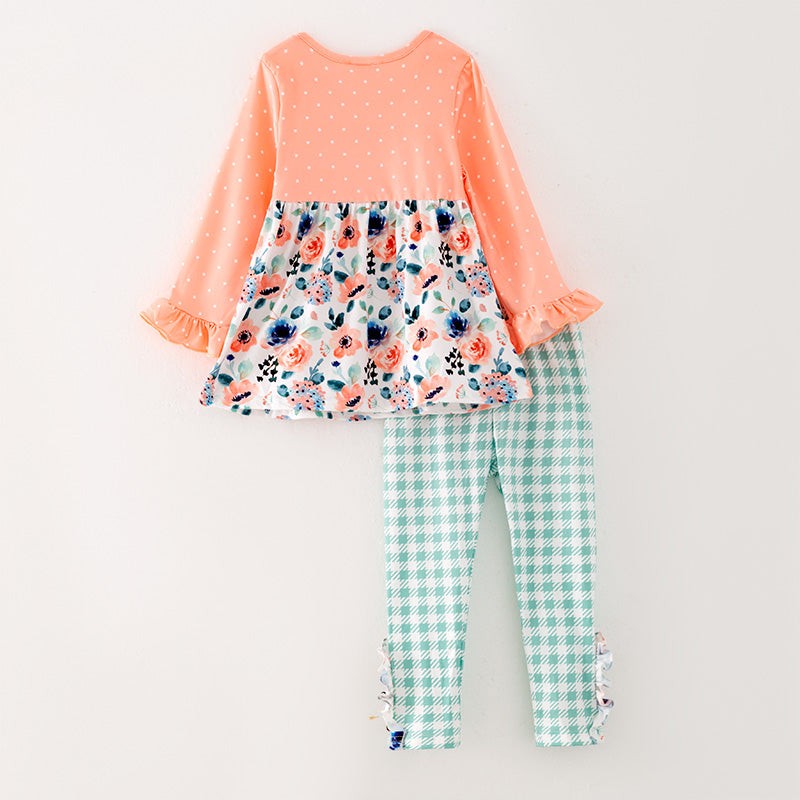 （In Stock G26-05-01）Girls Orange Floral Print Outfit Set