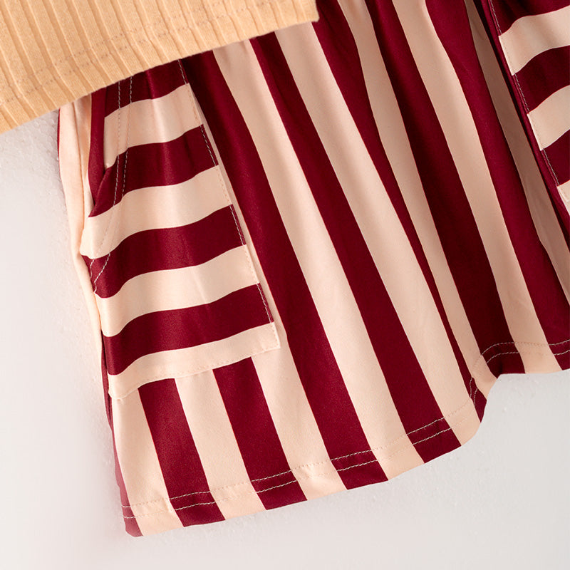 （In Stock G26-04-02）Girls Beige Top Striped Skirt Set