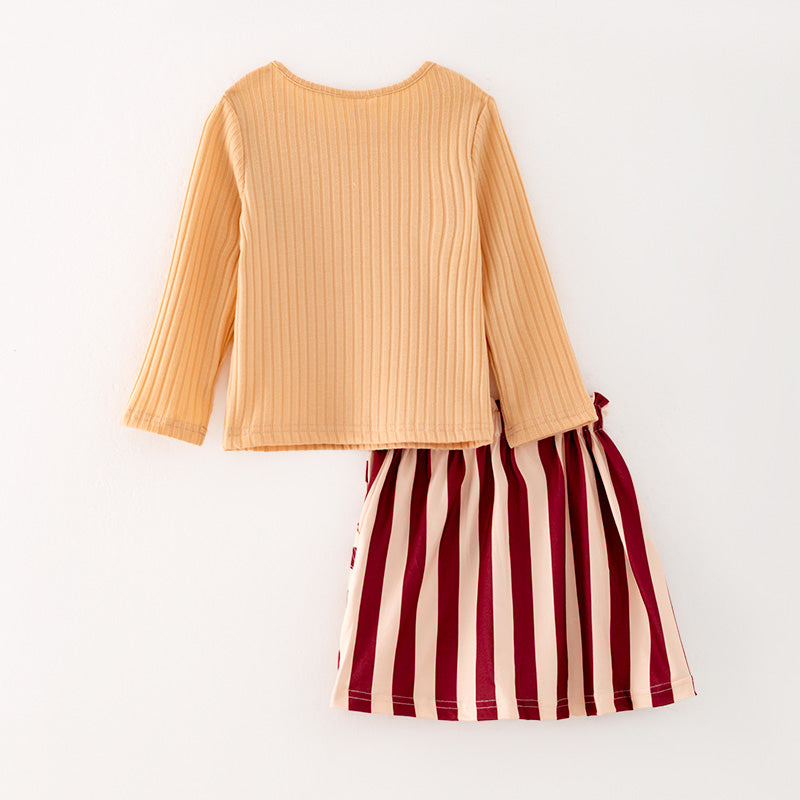 （In Stock G26-04-02）Girls Beige Top Striped Skirt Set