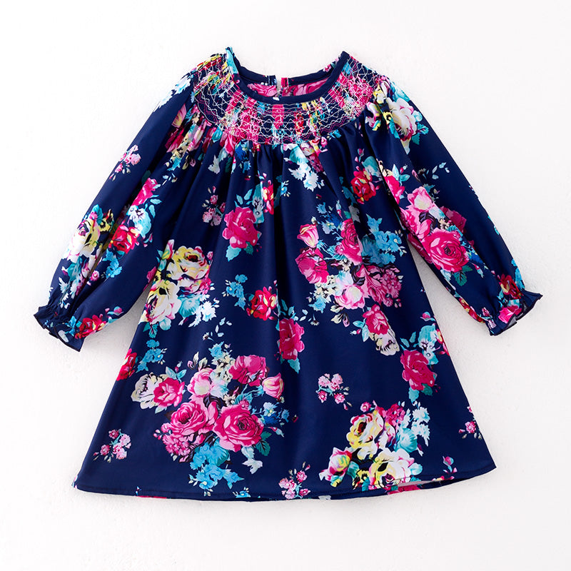 （In Stock）Girls Fall Floral Print Smocked Dress