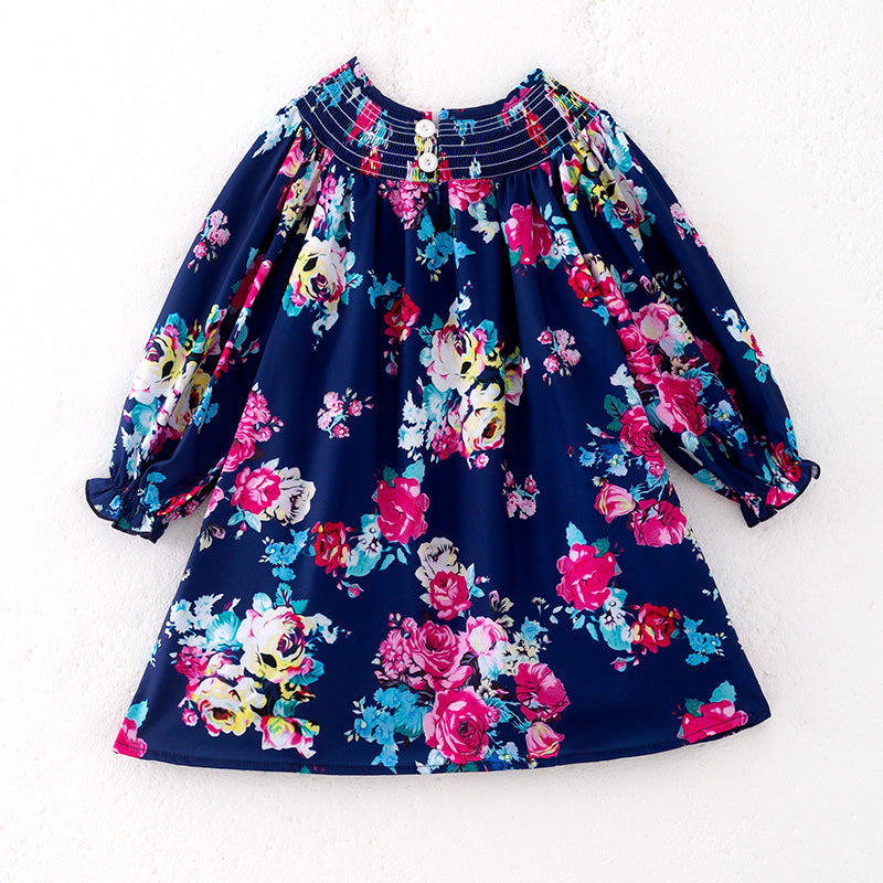 （In Stock）Girls Fall Floral Print Smocked Dress