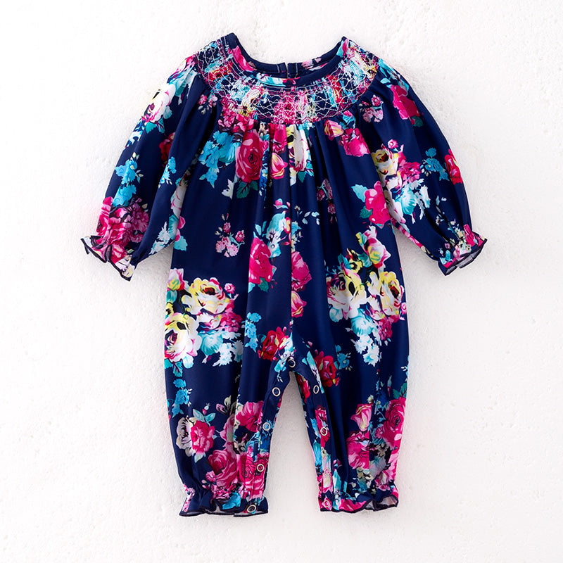 （In Stock）Toddler Girls Fall Floral Print Smocked Romper