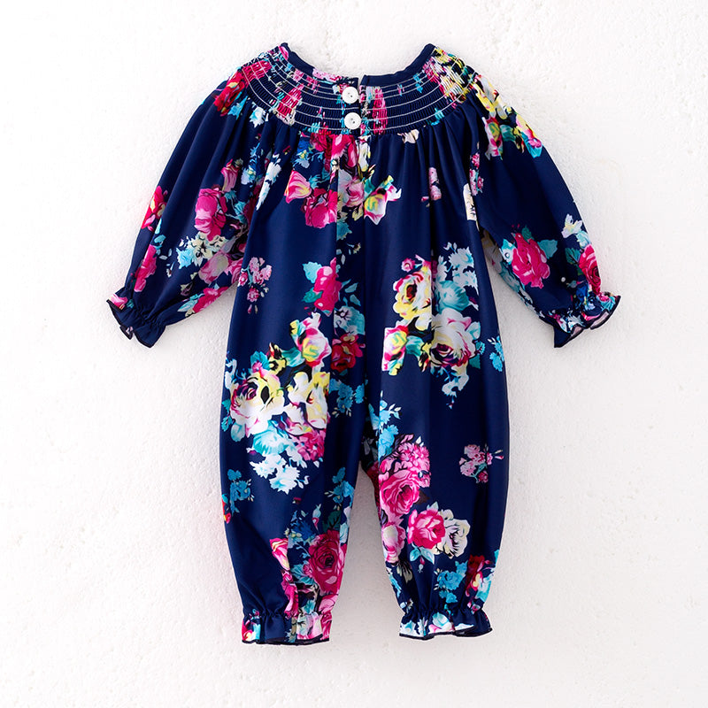 （In Stock）Toddler Girls Fall Floral Print Smocked Romper