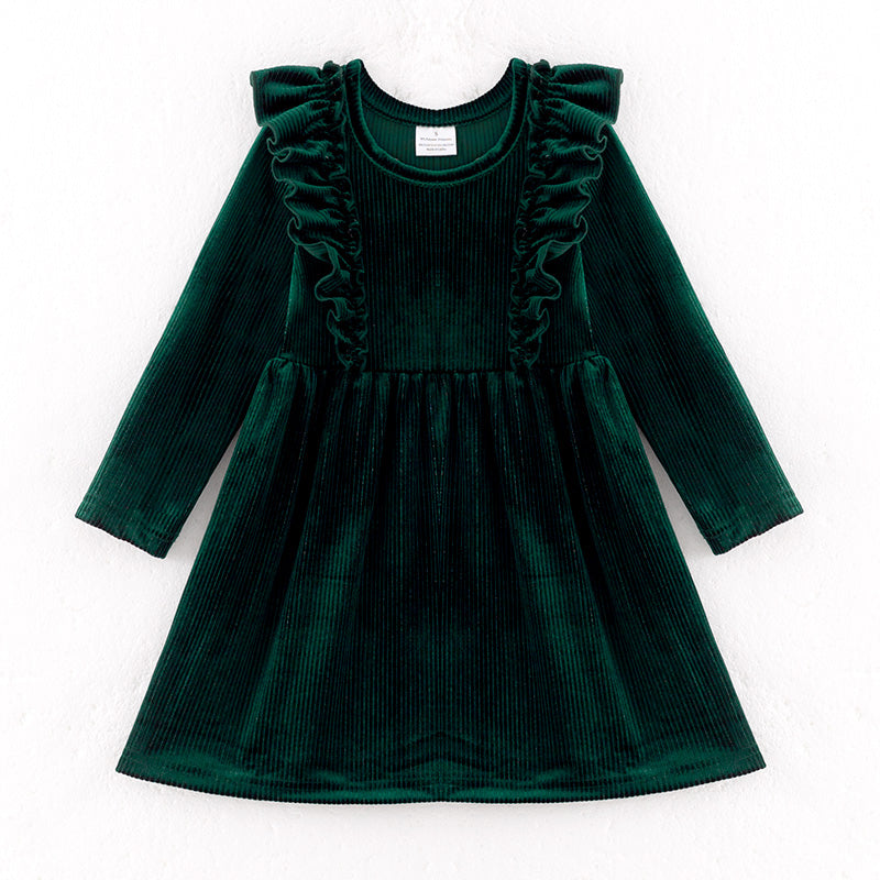（In Stock）Girls Fall Dark Green Velvet Dress