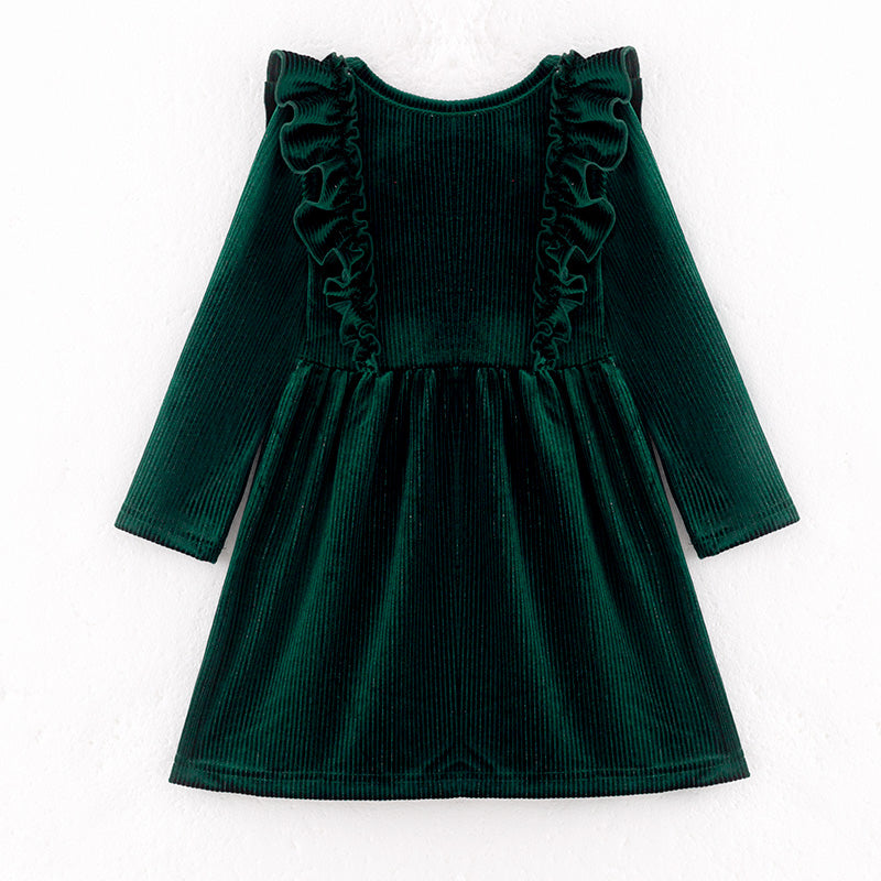 （In Stock）Girls Fall Dark Green Velvet Dress
