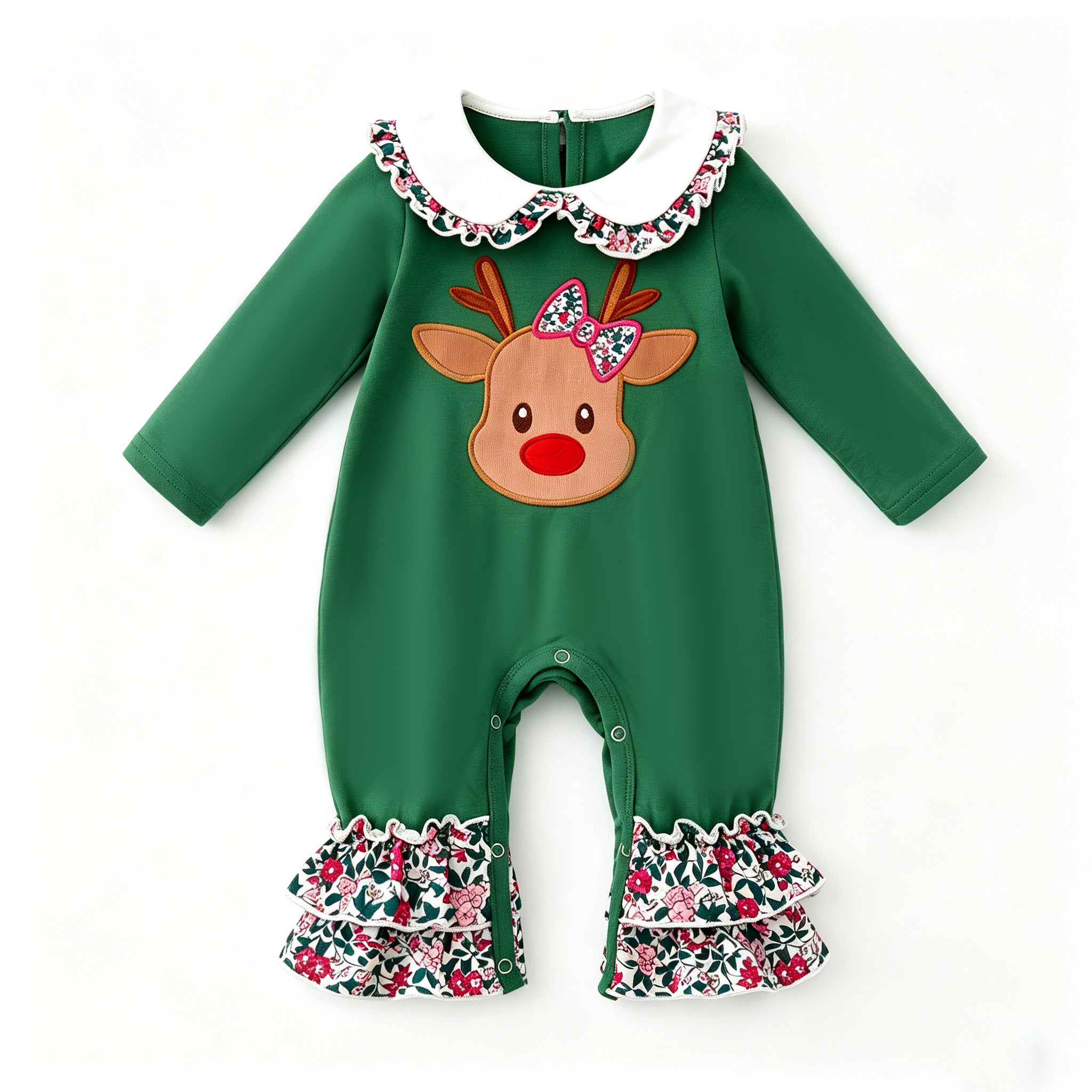 （In Stock）Toddler Girls Christmas Elk Applique Cotton Romper