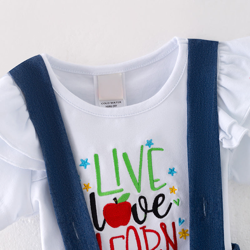 （In Stock）Girls Summer Back To School Apple Applique Overall Dress Set