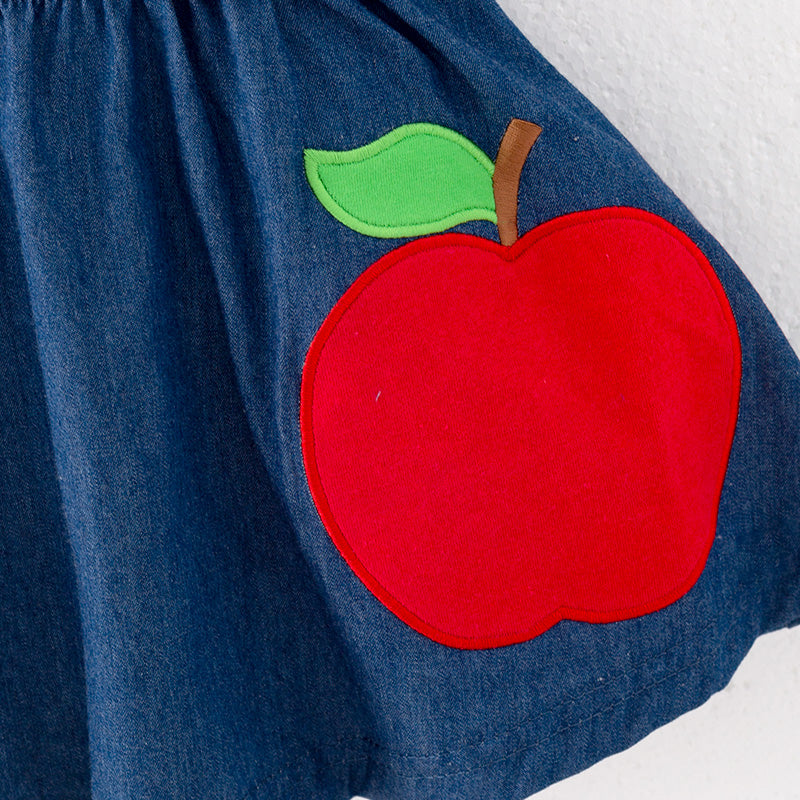 （In Stock）Girls Summer Back To School Apple Applique Overall Dress Set