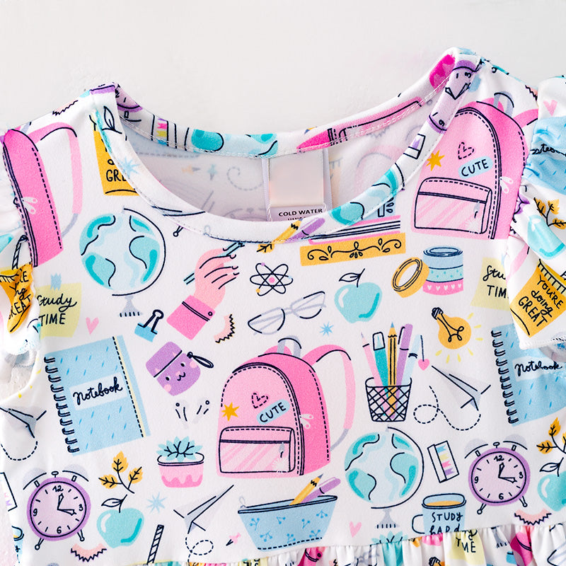 （In Stock）Girls Summer Back To School Print Flying Sleeves Dress