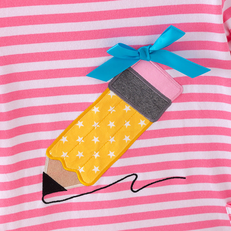 （In Stock）Girls Summer Back To School Pencil Applique Cotton Dress