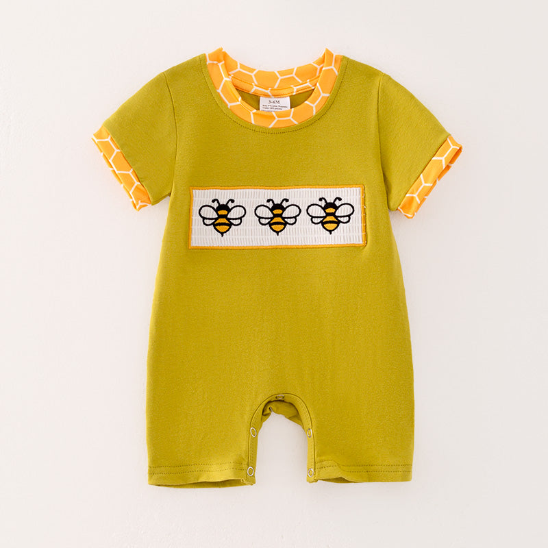 （In Stock）Baby Boys Spring Bee Embroidery Smocked Romper