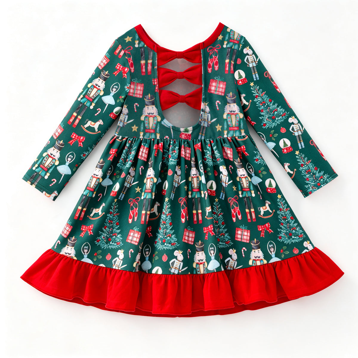 （In Stock）Girls Christmas Print Ruffle Dress