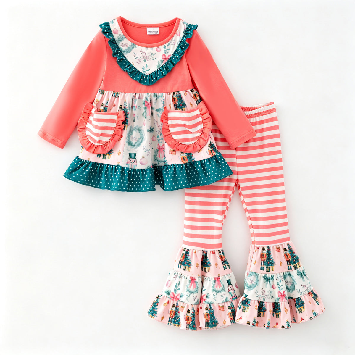 （In Stock）Girls Christmas Print Ruffle Outfit Set