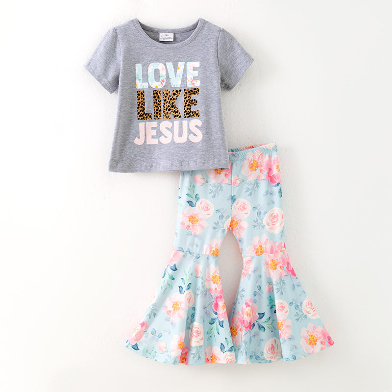 （In Stock E6-1-3）Girls Fall LOVE LIKE JESUS Print Outfit Set