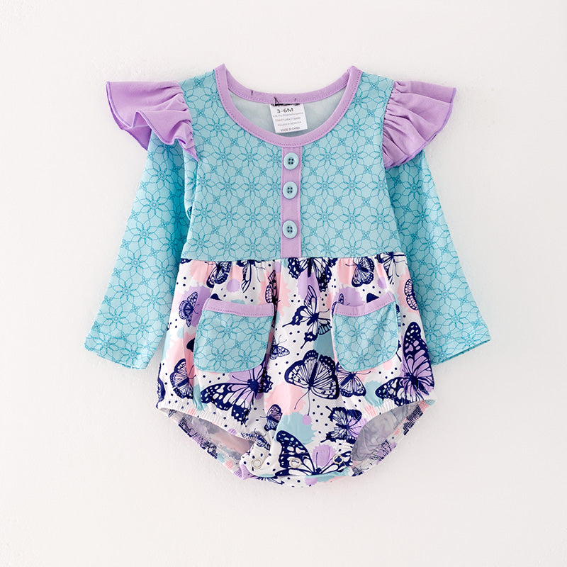 （In Stock G32-05-01）Baby Girls Blue Butterfly Print Romper
