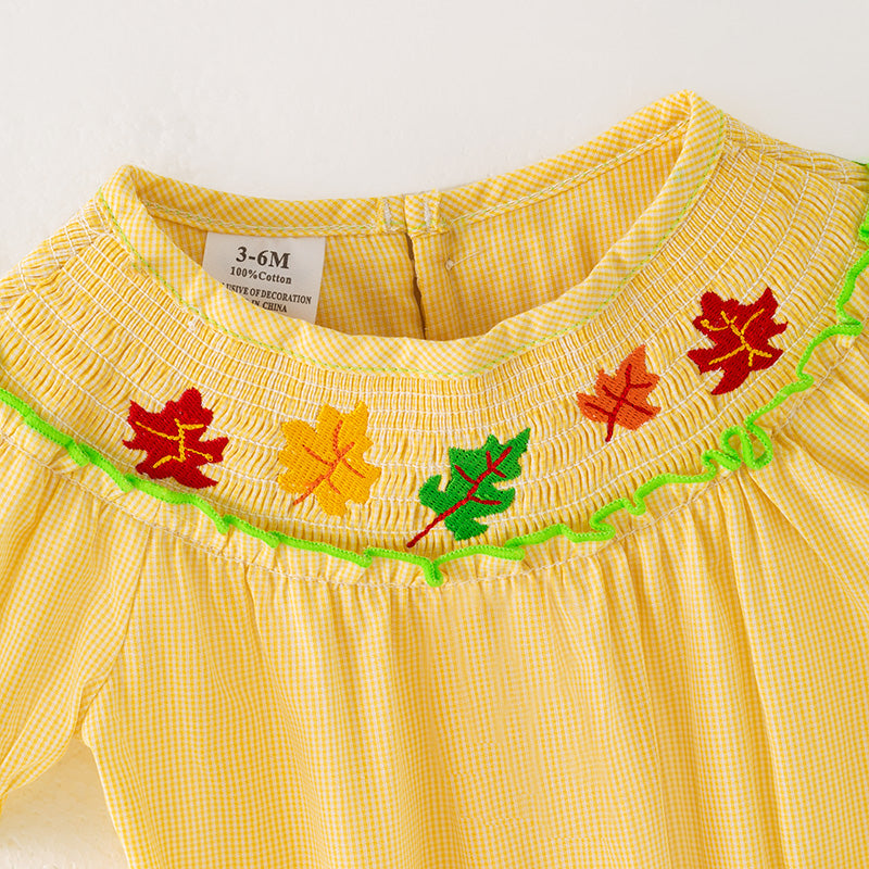 （In Stock）Toddler Girls Fall Leaves Embroidery Smocked Romper