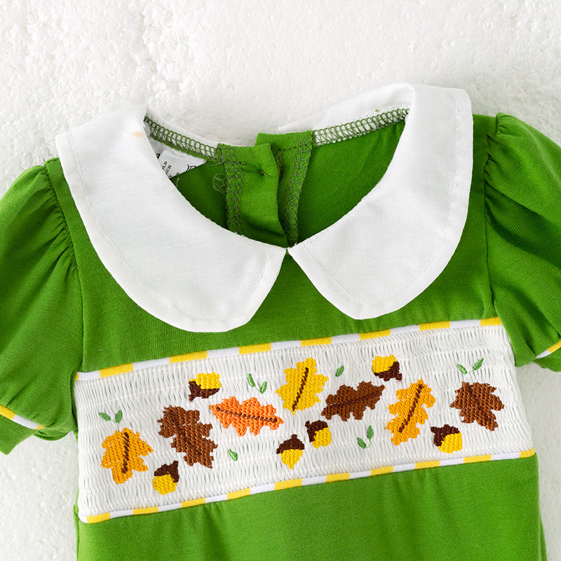 （In Stock）Toddler Girls Fall Leaves Embroidery Smocked Romper