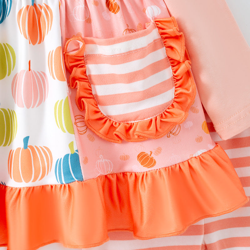 （In Stock）Girls Thanksgiving＆Halloween Pumpkin Print Outfit Set