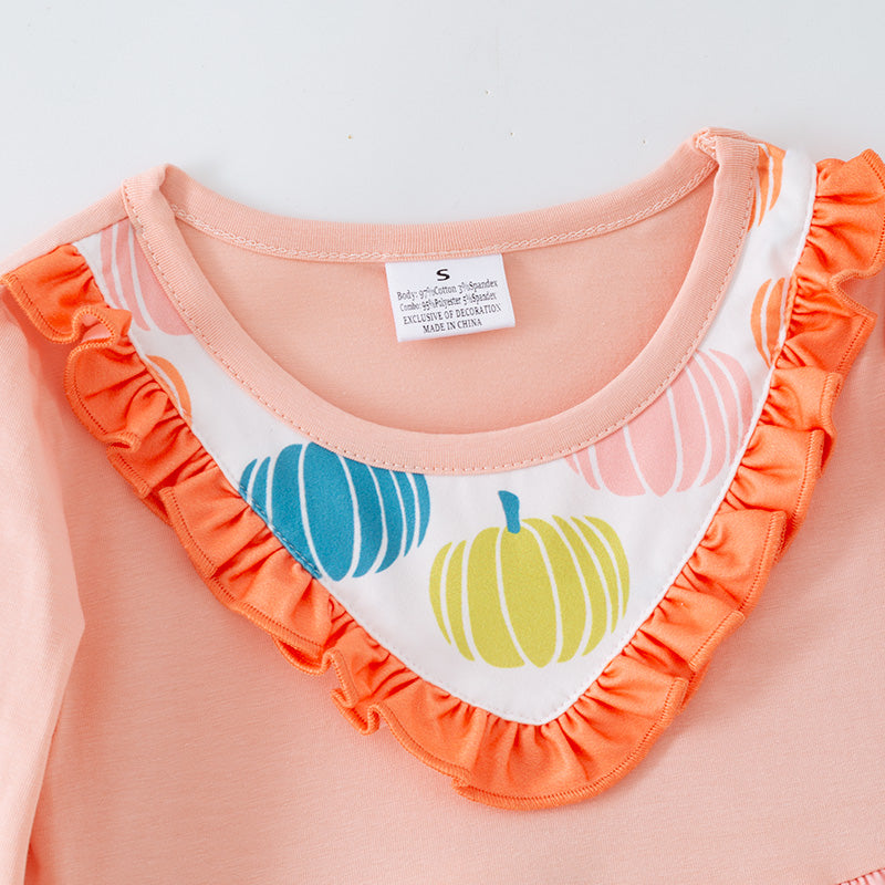 （In Stock）Girls Thanksgiving＆Halloween Pumpkin Print Outfit Set
