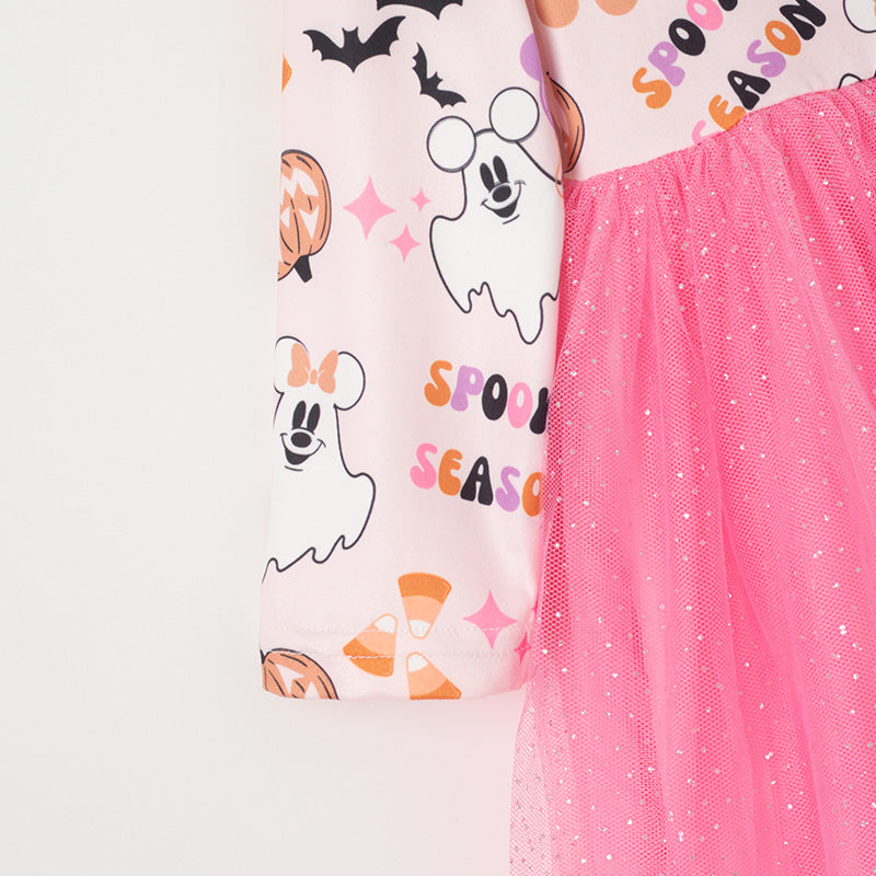 （In Stock）Girls Halloween Print Pink Tulle Dress