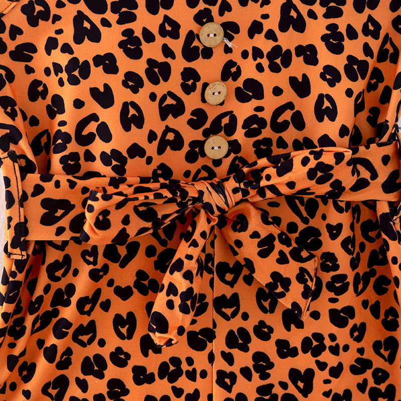 （In Stock）Girls Spring and Summer Brown Leopard Print Jumpsuit