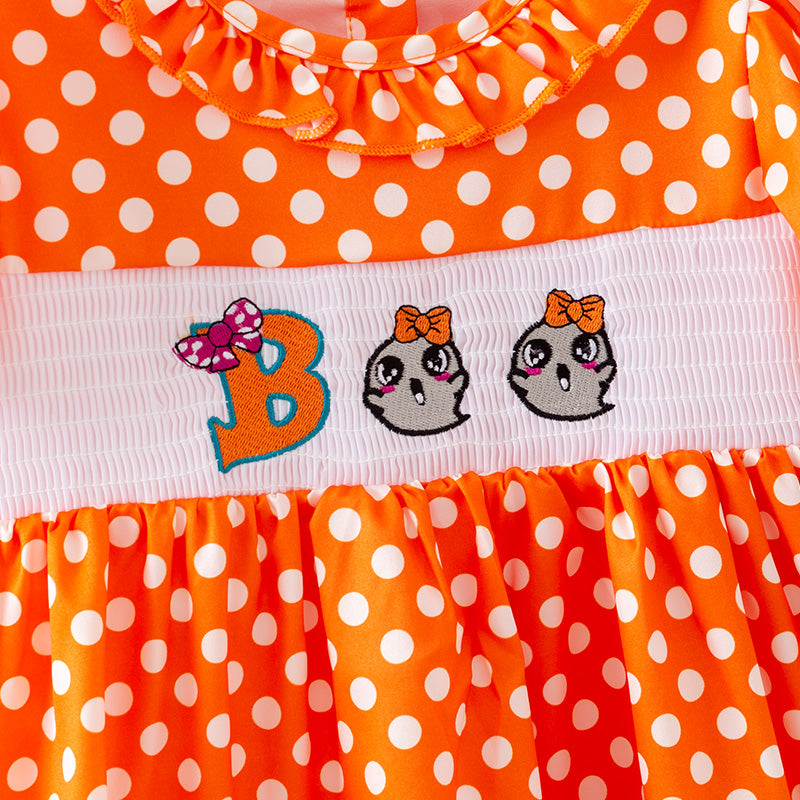 （In Stock）Girls Halloween BOO Embroidery Smocked Dress