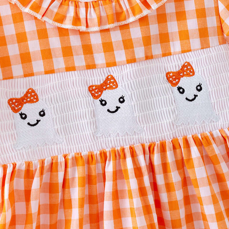 （In Stock）Girls Halloween Ghost Embroidery Smocked Cotton Dress