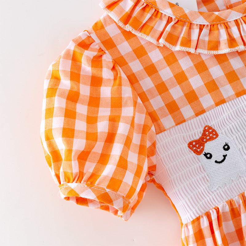 （In Stock）Girls Halloween Ghost Embroidery Smocked Cotton Dress