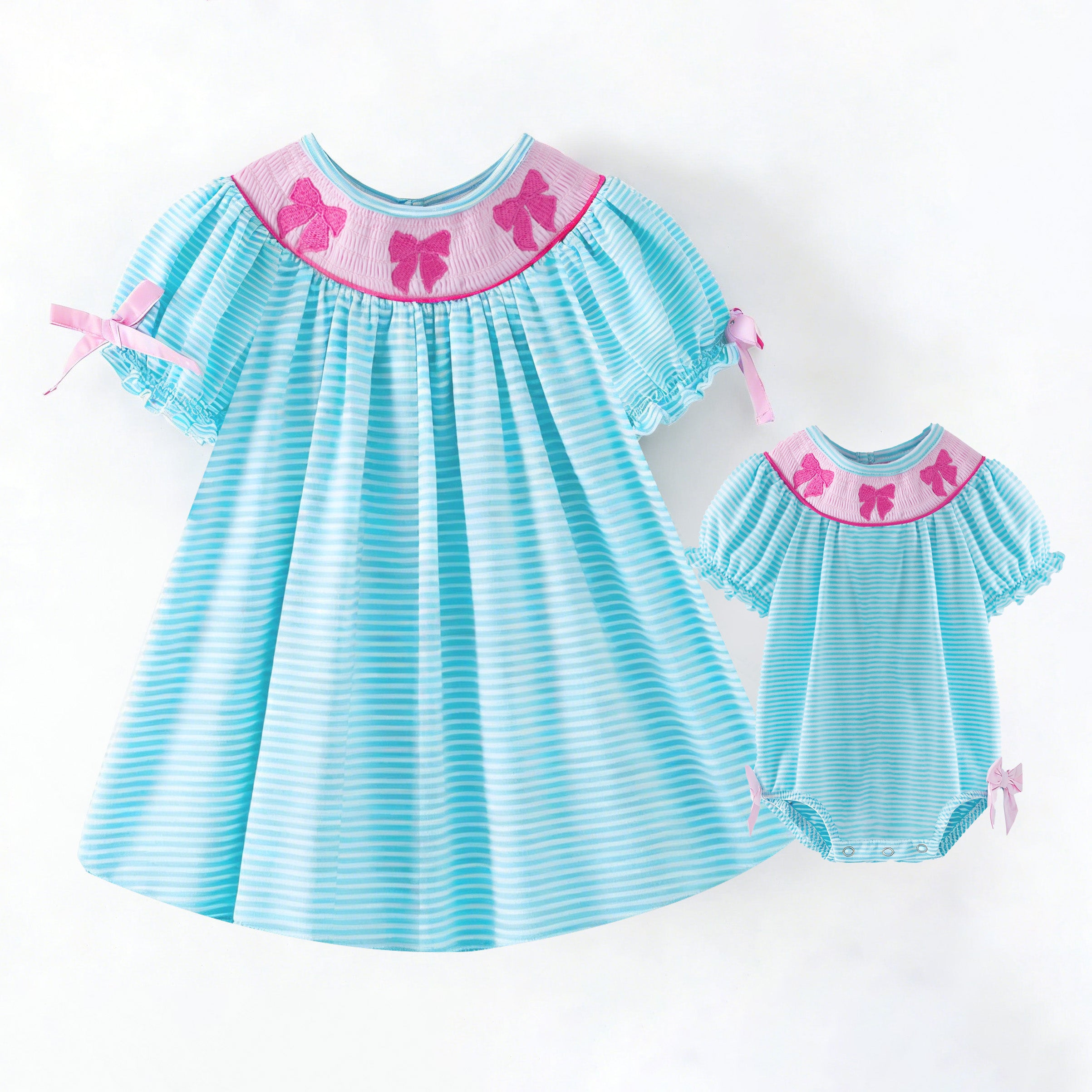 （In Stock）Sisters Spring&Summer Bow Embroidery Smocked Dress&Romper