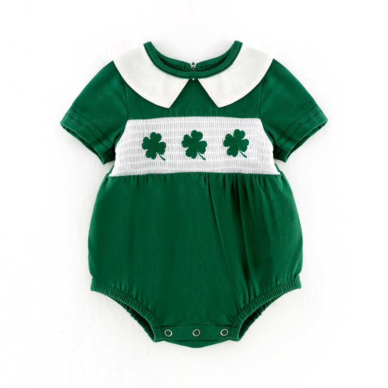 （In Stock）Toddler Girls St.Patrick's Day Shamrock Embroidery Smocked Romper