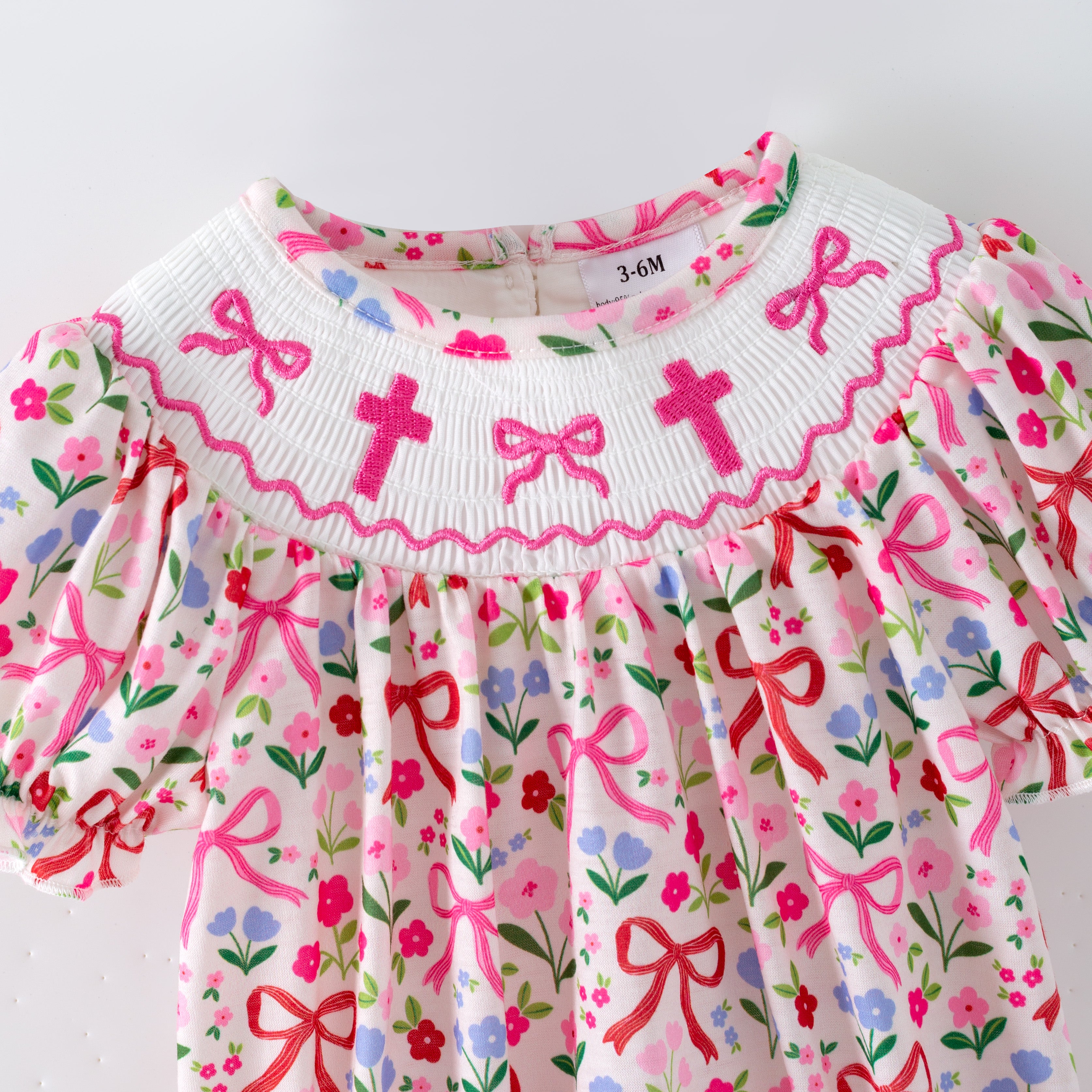 （In Stock）Toddler Girls Easter Cross Embroidery Smocked Romper