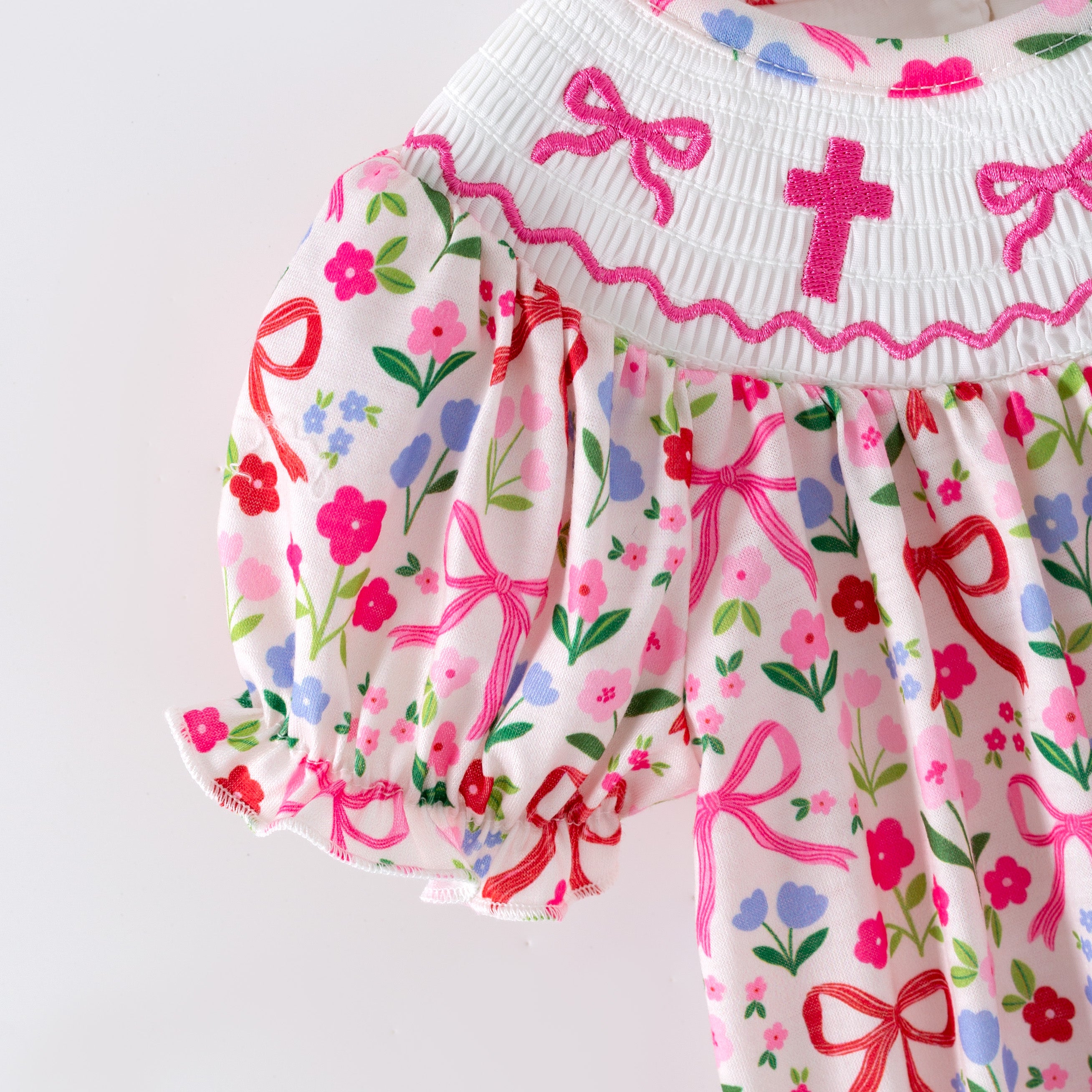 （In Stock）Toddler Girls Easter Cross Embroidery Smocked Romper