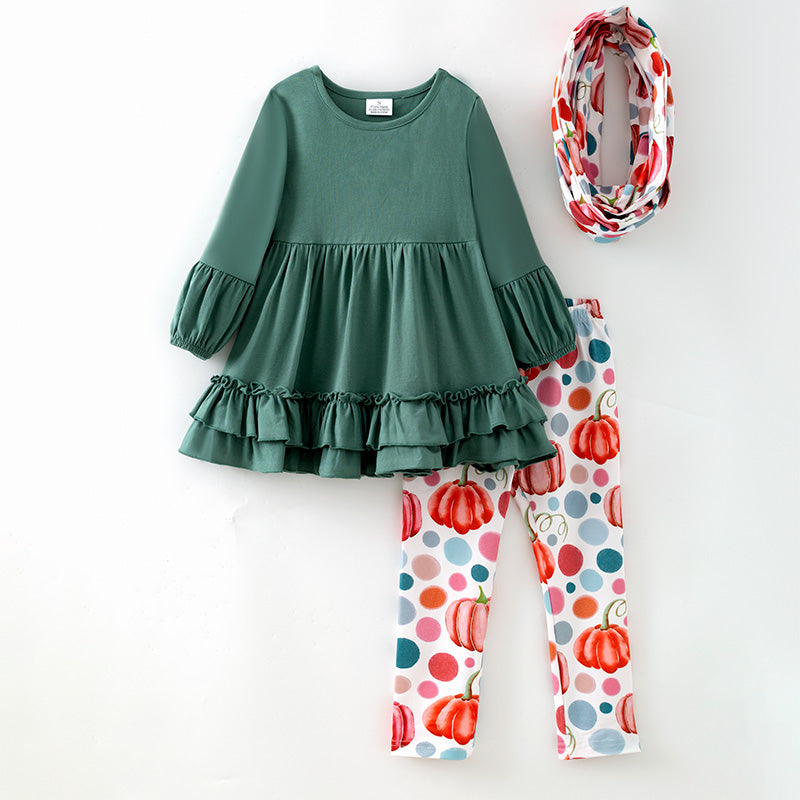 （In Stock）Girls Fall Cotton Top Pumpkin Print Pants Set with Scarf