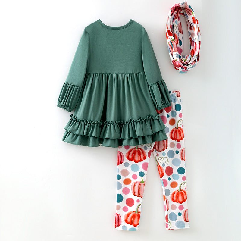 （In Stock）Girls Fall Cotton Top Pumpkin Print Pants Set with Scarf