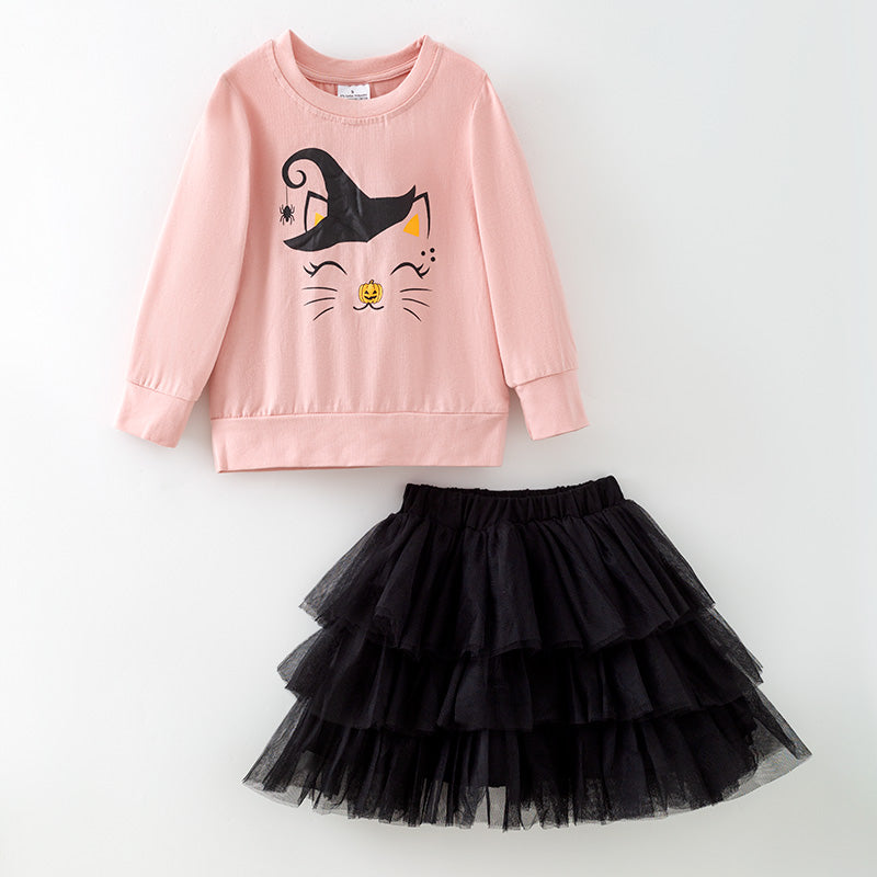 （In Stock）Girls Halloween Print Cotton Top Tulle Skirt Set