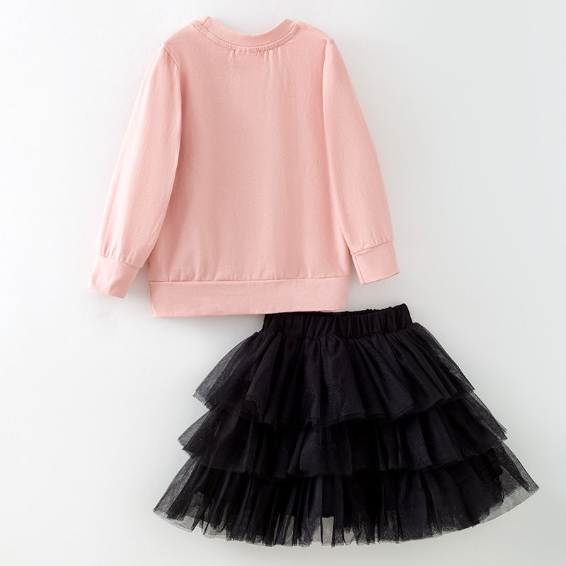 （In Stock）Girls Halloween Print Cotton Top Tulle Skirt Set