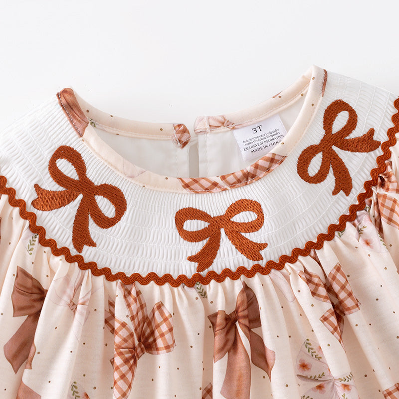 （In Stock）Girls Fall Bow Embroidery Smocked Dress